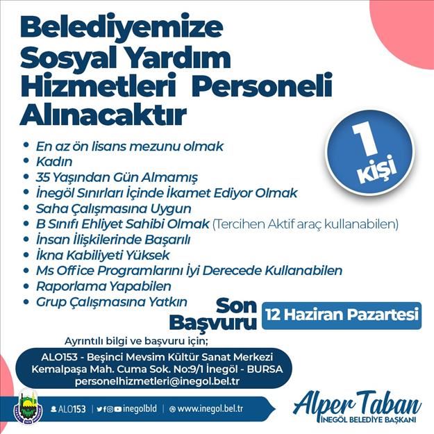 İnegöl Belediyesi Sosyal Yardım Hizmetleri Personeli Alacak