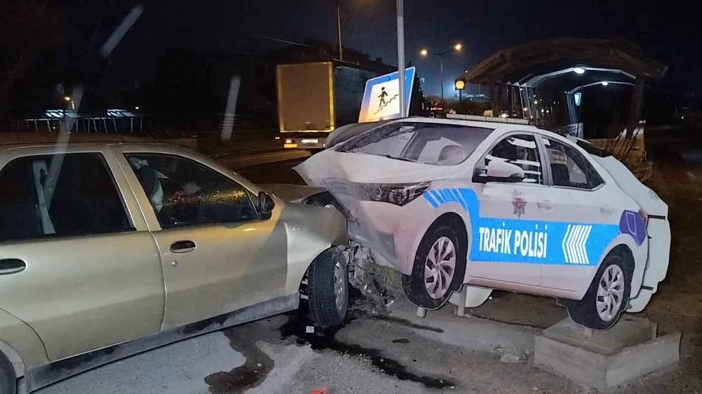 Yol kenarındaki polis aracı maketine çarpan otomobildeki 2 kişi yaralandı