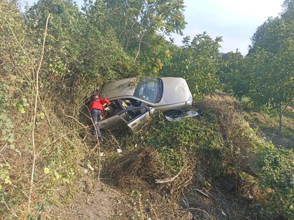 Yoldan çıkarak otluk alana devrilen otomobildeki 2 kişi yaralandı