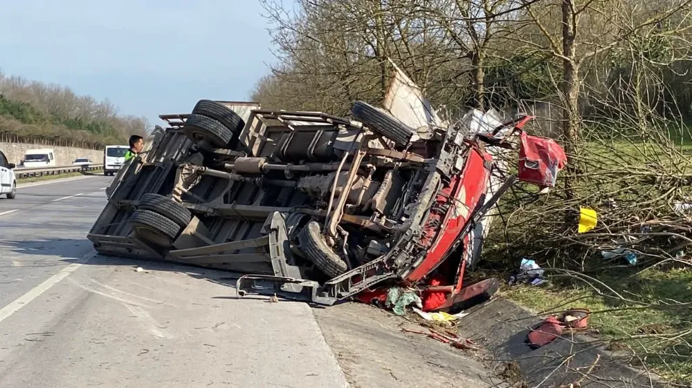 Kocaeli’de Ağaçları devirip yan yatan kamyonet kağıt gibi ezildi: 2 yaralı