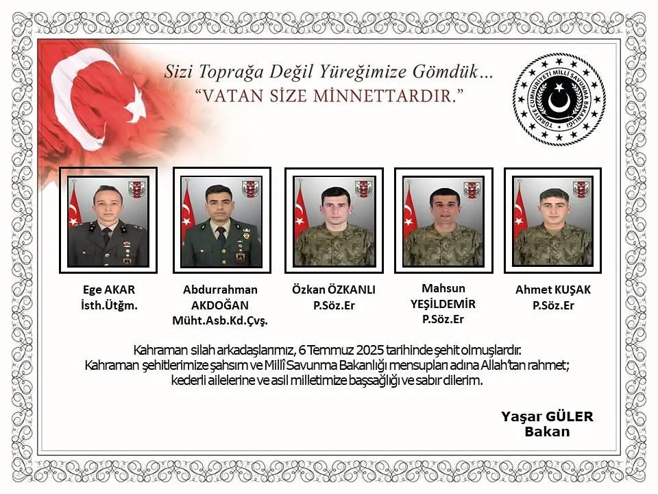 Pençe-Kilit Harekat bölgesinde metan gazına maruz kalan 5 asker şehit oldu